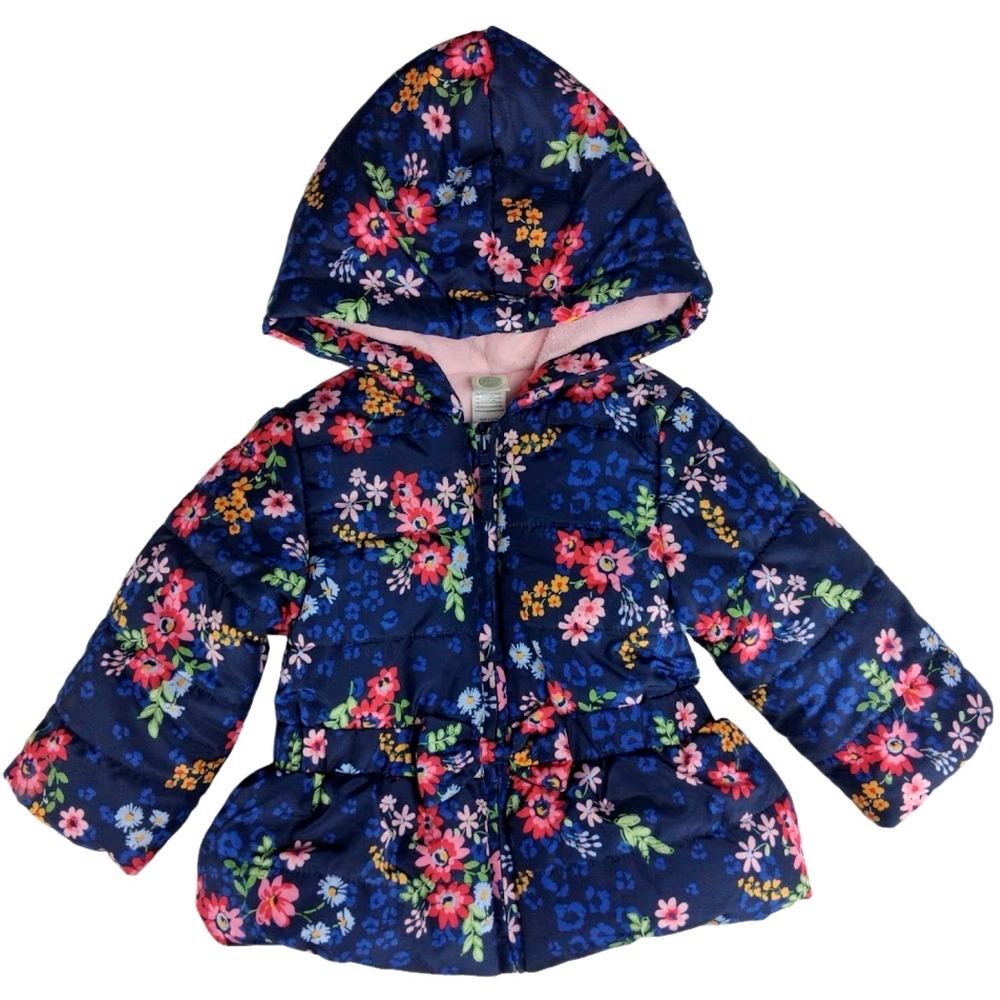 Little Me Navy Floral Baby Girl 12 Mos Puffer Jacket Hooded Fitted Waist Fleece